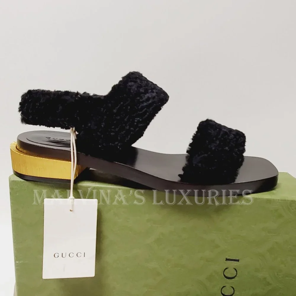 GUCCI SHOES RE-EDITION FAUX FUR BLACK VELVET SANDALS sz US 11